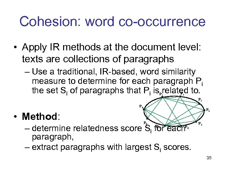 Cohesion: word co-occurrence • Apply IR methods at the document level: texts are collections