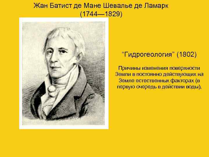 Жан Батист де Мане Шевалье де Ламарк (1744— 1829) “Гидрогеология” (1802) Причины изменения поверхности