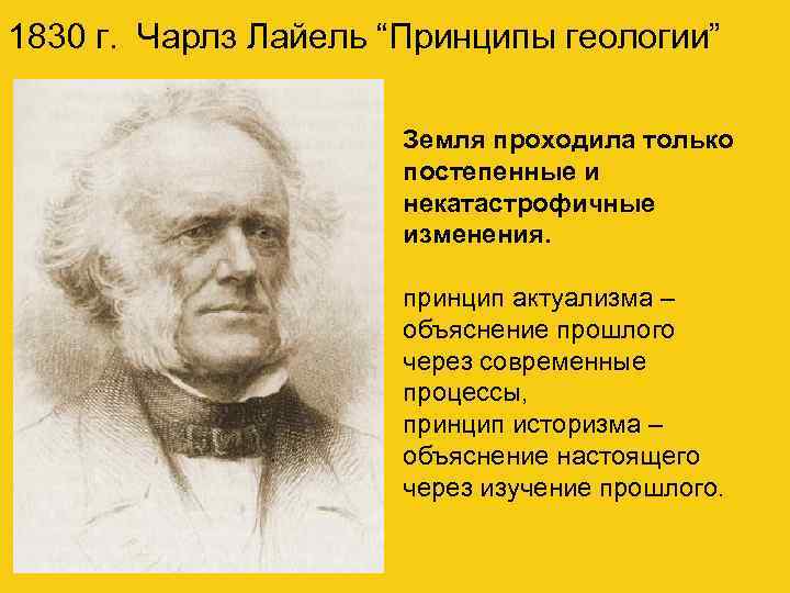 1830 г. Чарлз Лайель “Принципы геологии” Земля проходила только постепенные и некатастрофичные изменения. принцип