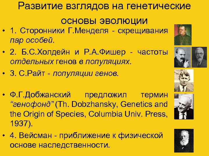 Развитие взглядов на генетические основы эволюции • 1. Сторонники Г. Менделя - скрещивания пар