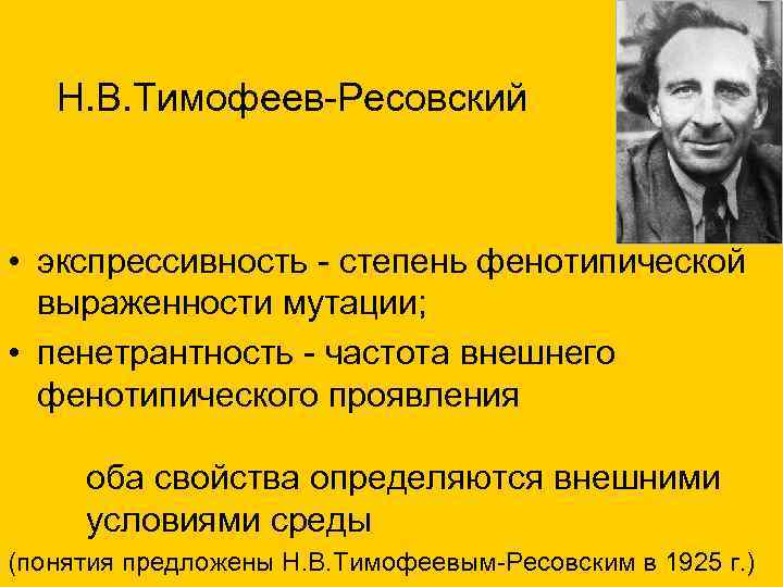 Н. В. Тимофеев-Ресовский • экспрессивность - степень фенотипической выраженности мутации; • пенетрантность - частота