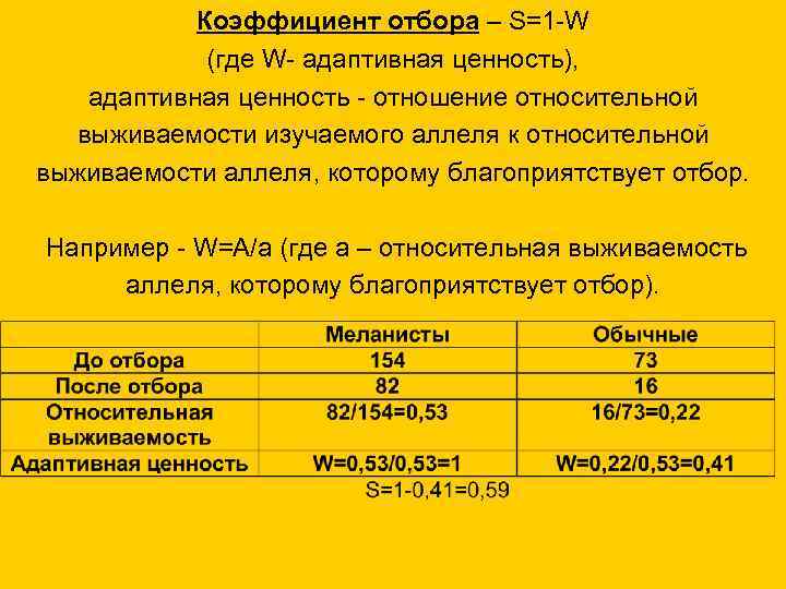 Коэффициент отбора – S=1 -W (где W- адаптивная ценность), адаптивная ценность - отношение относительной