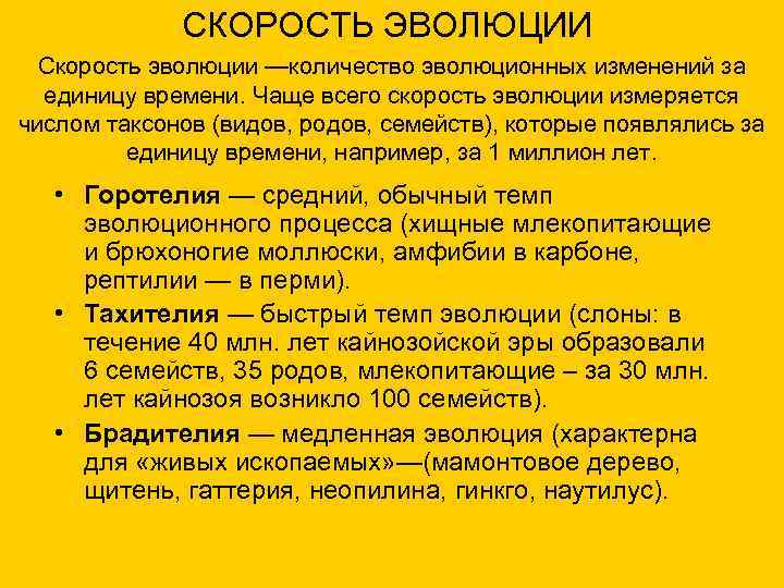 СКОРОСТЬ ЭВОЛЮЦИИ Скорость эволюции —количество эволюционных изменений за единицу времени. Чаще всего скорость эволюции