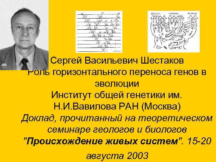 Сергей Васильевич Шестаков Роль горизонтального переноса генов в эволюции Институт общей генетики им. Н.