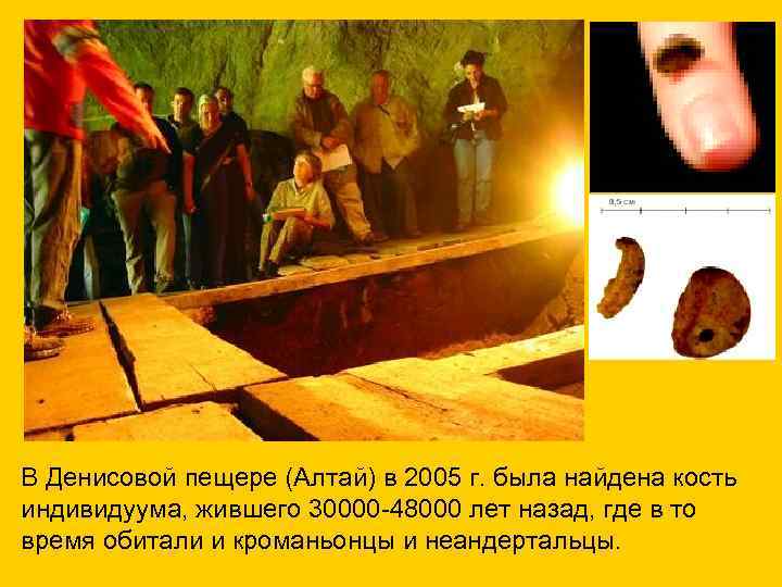 В Денисовой пещере (Алтай) в 2005 г. была найдена кость индивидуума, жившего 30000 -48000