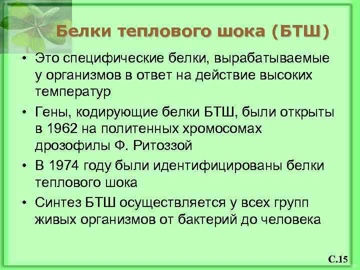 Белки теплового шока (БТШ) • Это специфические белки, вырабатываемые у организмов в ответ на