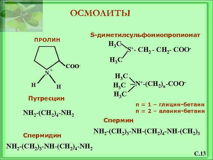 ОСМОЛИТЫ S-диметилсульфониопропионат ПРОЛИН N Н H 3 C COO- + Н Путресцин NH 2