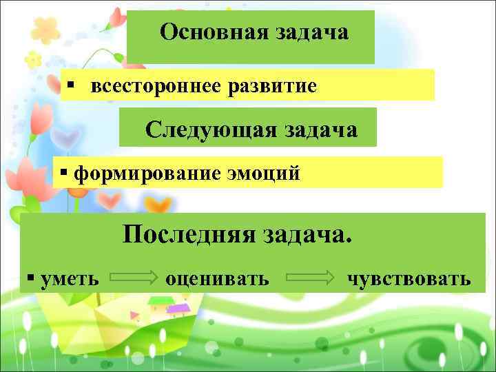 Основная задача § всестороннее развитие Следующая задача § формирование эмоций Последняя задача. § уметь