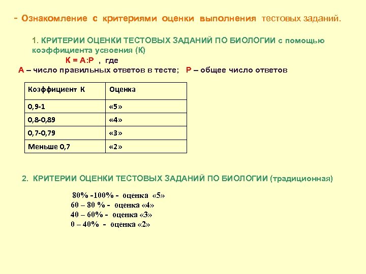 - Ознакомление с критериями оценки выполнения тестовых заданий. 1. КРИТЕРИИ ОЦЕНКИ ТЕСТОВЫХ ЗАДАНИЙ ПО