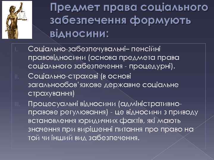 Предмет права соціального забезпечення формують відносини: I. III. Соціально-забезпечувальні– пенсійні правовідносини (основа предмета права