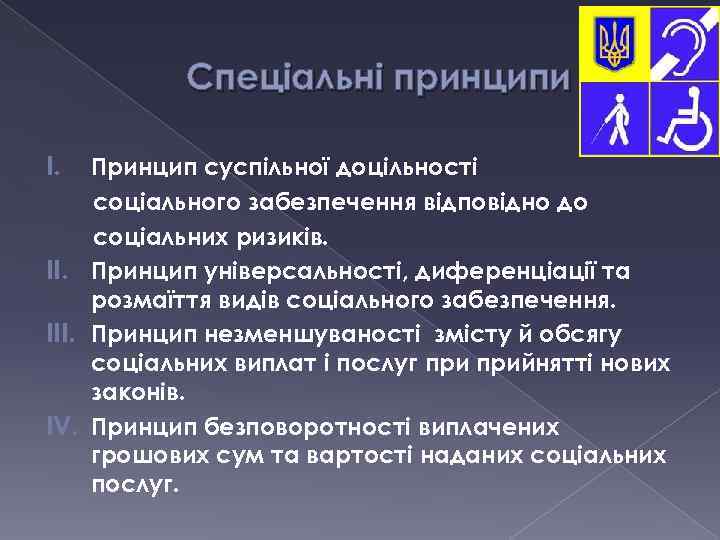 Спеціальні принципи I. Принцип суспільної доцільності соціального забезпечення відповідно до соціальних ризиків. II. Принцип