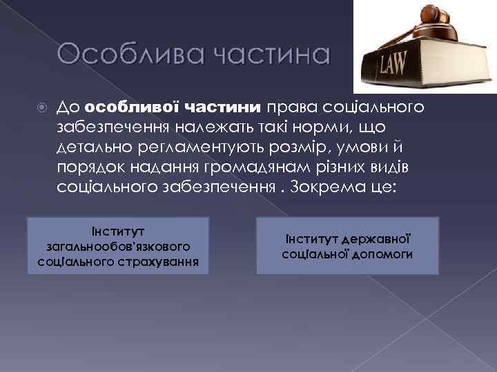 Особлива частина До особливої частини права соціального забезпечення належать такі норми, що детально регламентують