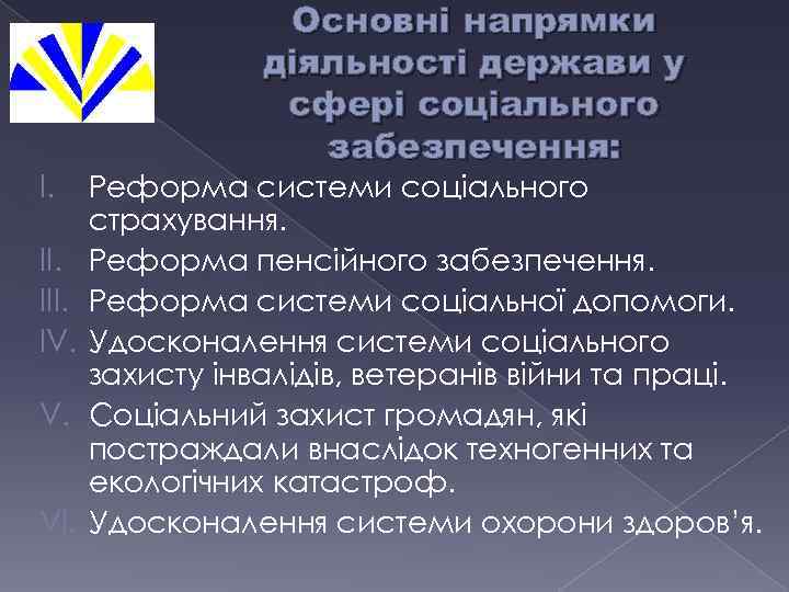 I. III. IV. V. VI. Основні напрямки діяльності держави у сфері соціального забезпечення: Реформа