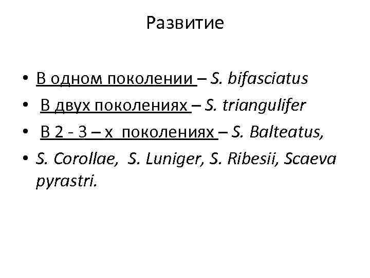 Развитие • • В одном поколении – S. bifasciatus В двух поколениях – S.