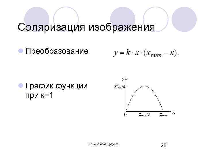 Соляризация изображения l Преобразование l График функции при к=1 Компьютерная графика 20 