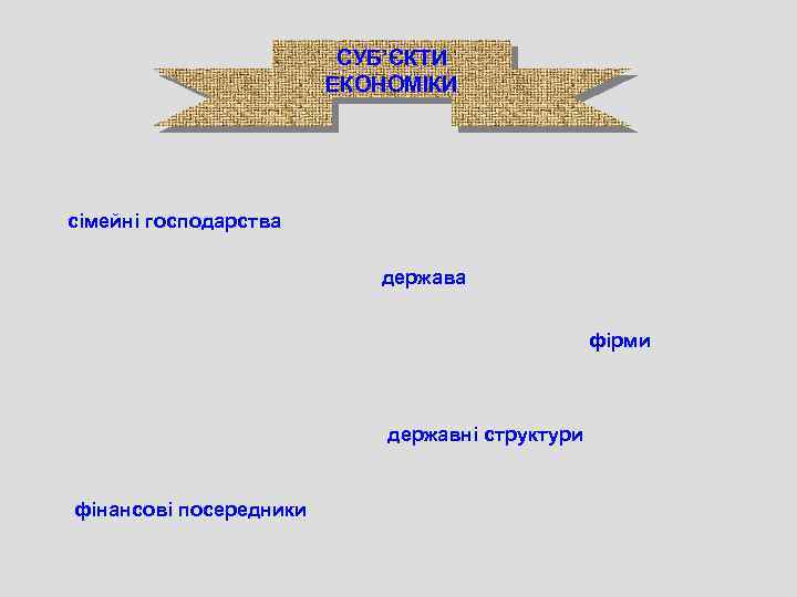 СУБ’ЄКТИ ЕКОНОМІКИ сімейні господарства держава фірми державні структури фінансові посередники 