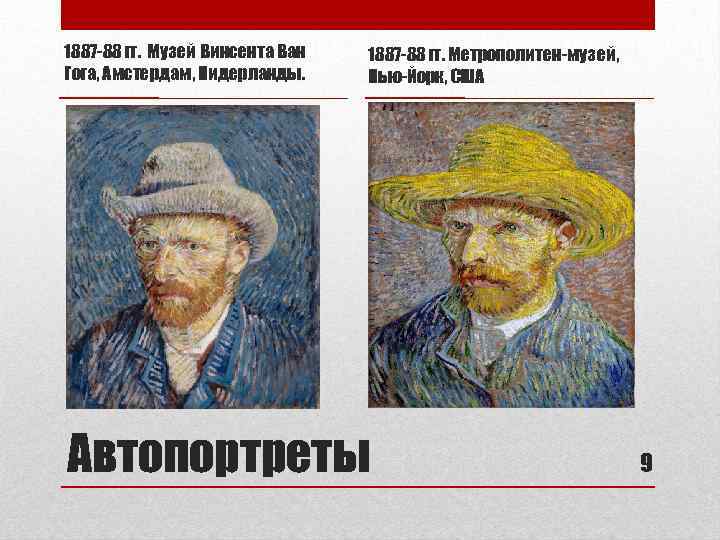 1887 -88 гг. Музей Винсента Ван Гога, Амстердам, Нидерланды. 1887 -88 гг. Метрополитен-музей, Нью-Йорк,