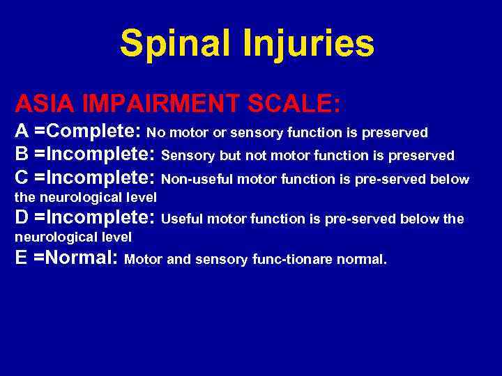Spinal Injuries ASIA IMPAIRMENT SCALE: A =Complete: No motor or sensory function is preserved