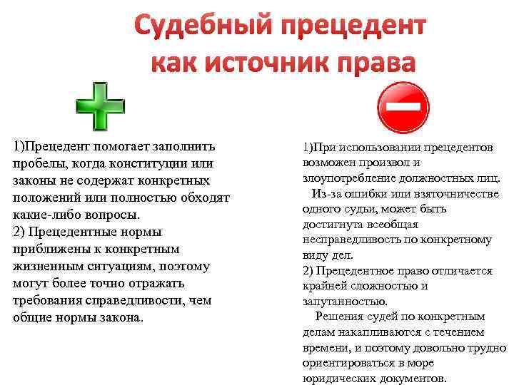 Судебный прецедент как источник права 1)Прецедент помогает заполнить пробелы, когда конституции или законы не