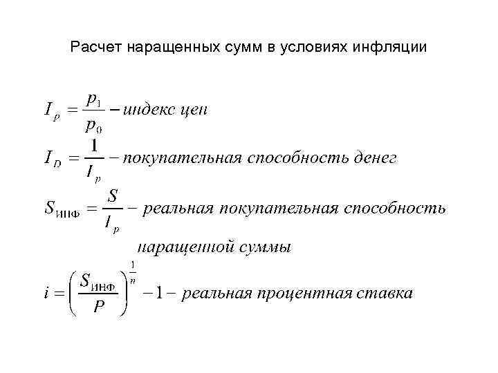 Реальный расчет. Процентная ставка в условиях инфляции. Формула расчета наращенной суммы. Покупательская способность денег и инфляция. Номинальная ставка в условиях инфляции.