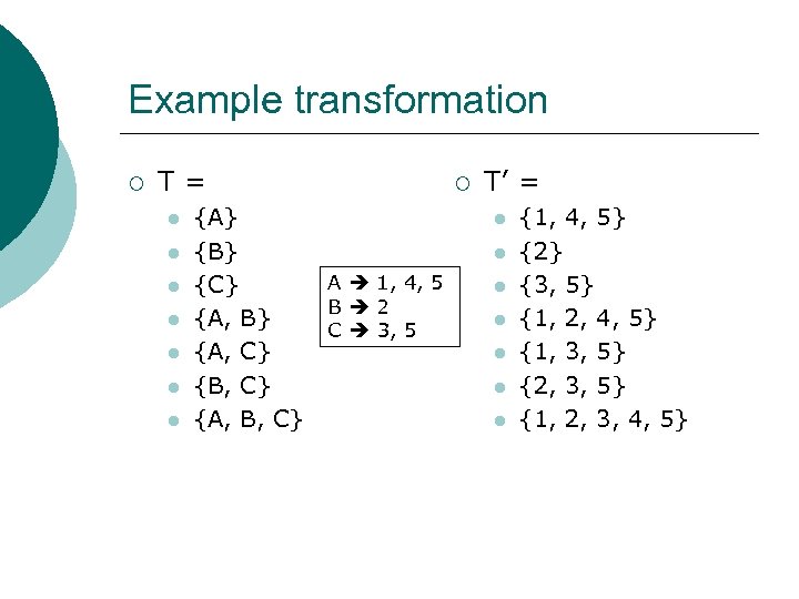 Example transformation ¡ T= l l l l {A} {B} {C} {A, B} {A,