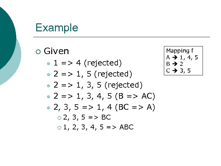 Example ¡ Given l l l 1 => 4 (rejected) 2 => 1, 5