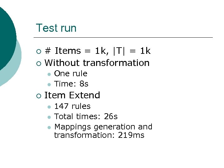 Test run # Items = 1 k, |T| = 1 k ¡ Without transformation