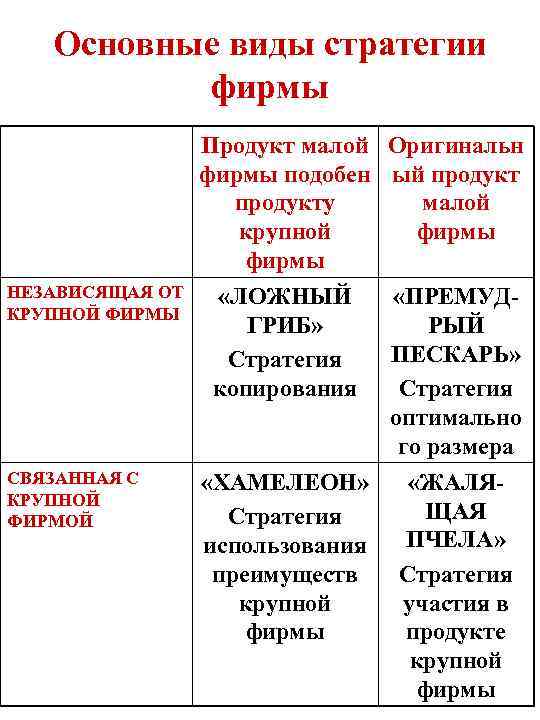 Основные виды стратегии фирмы НЕЗАВИСЯЩАЯ ОТ КРУПНОЙ ФИРМЫ СВЯЗАННАЯ С КРУПНОЙ ФИРМОЙ Продукт малой