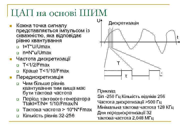 ЦАП на основі ШИМ n n n Кожна точка сигналу представляється імпульсом із скважністю,
