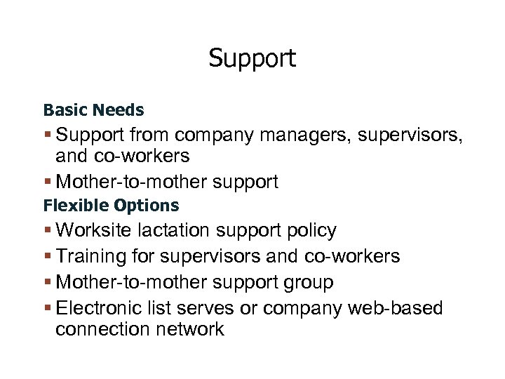 Support Basic Needs Support from company managers, supervisors, and co-workers Mother-to-mother support Flexible Options