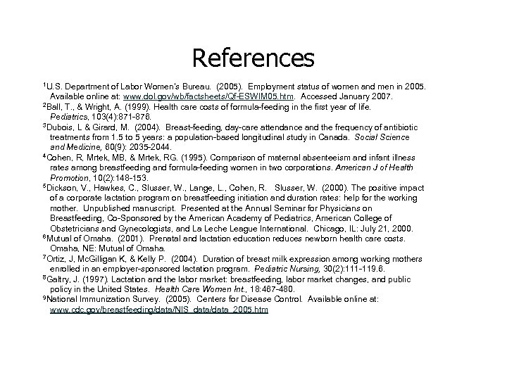 References 1 U. S. Department of Labor Women’s Bureau. (2005). Employment status of women