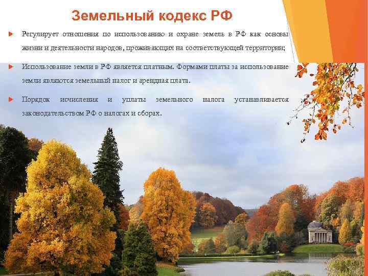 Земельный кодекс РФ Регулирует отношения по использованию и охране земель в РФ как основы