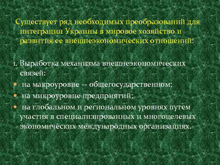 Существует ряд необходимых преобразований для интеграции Украины в мировое хозяйство и развития ее внешнеэкономических