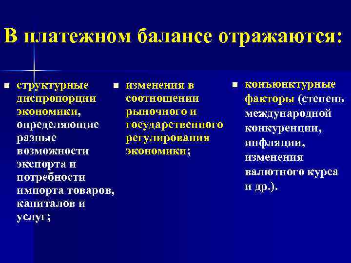 В платежном балансе отражаются: n структурные n диспропорции экономики, определяющие разные возможности экспорта и