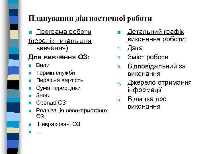 Планування діагностичної роботи Програма роботи (перелік питань для вивчення) Для вивчення ОЗ: n n