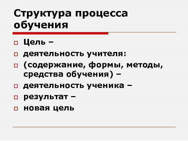 Структура процесса обучения o o o Цель – деятельность учителя: (содержание, формы, методы, средства