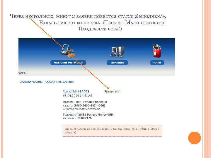ЧЕРЕЗ НЕСКОЛЬКИХ МИНУТ У ЗАЯВКИ ПОЯВИТСЯ СТАТУС ВЫПОЛНЕНА» . « БАЛАНС ВАШЕГО КОШЕЛЬКА ВПЕРФЕКТ