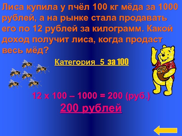Лиса купила у пчёл 100 кг мёда за 1000 рублей, а на рынке стала