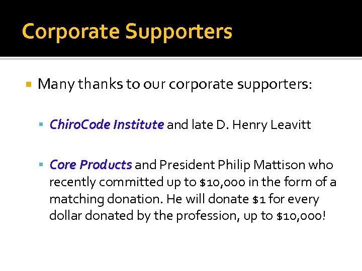 Corporate Supporters Many thanks to our corporate supporters: Chiro. Code Institute and late D.