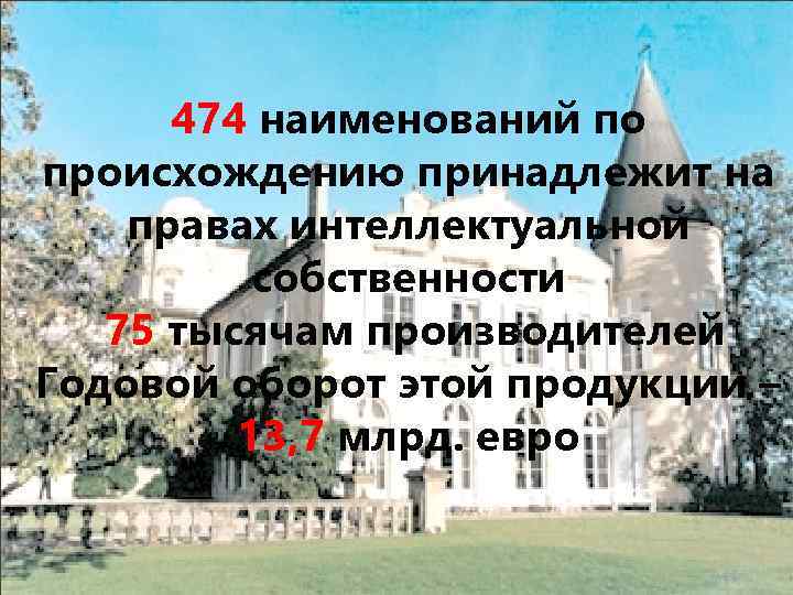 474 наименований по происхождению принадлежит на правах интеллектуальной собственности 75 тысячам производителей Годовой оборот