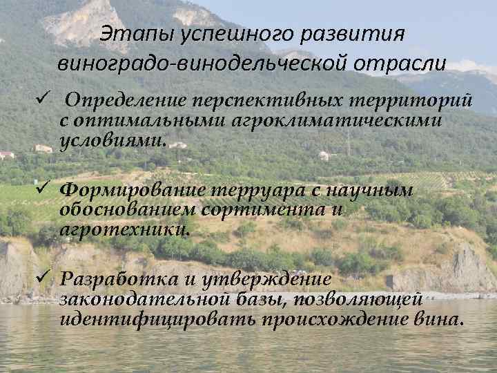 Этапы успешного развития виноградо-винодельческой отрасли ü Определение перспективных территорий с оптимальными агроклиматическими условиями. ü