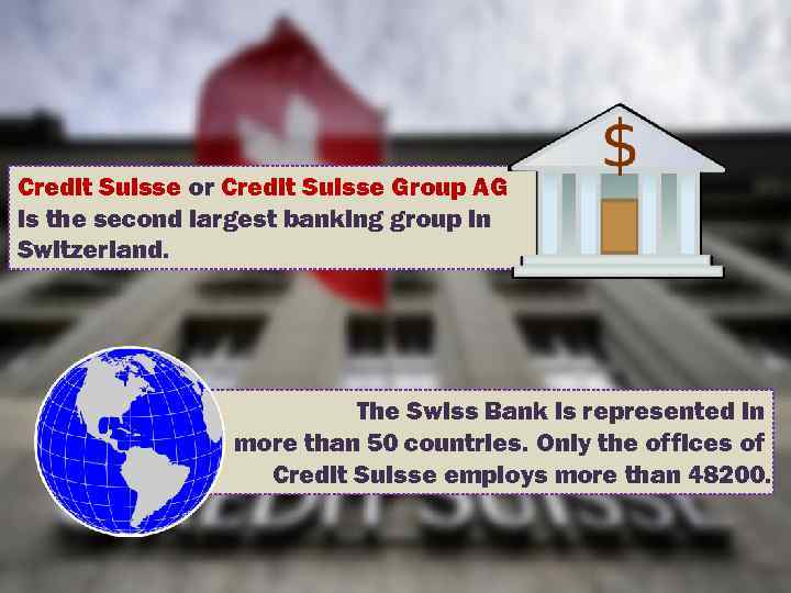 Credit Suisse or Credit Suisse Group AG is the second largest banking group in