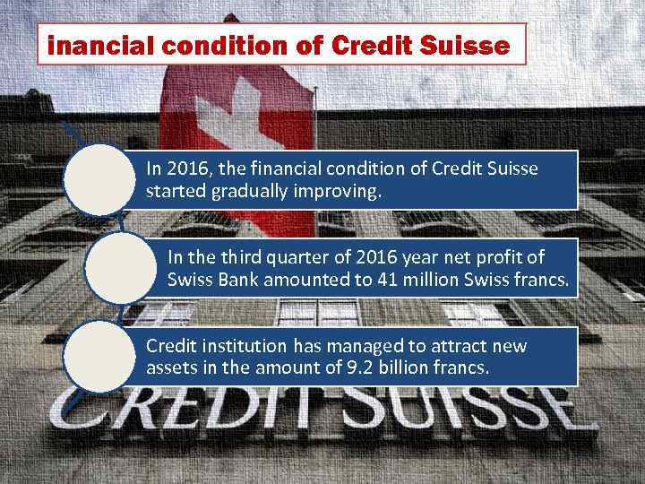 inancial condition of Credit Suisse In 2016, the financial condition of Credit Suisse started