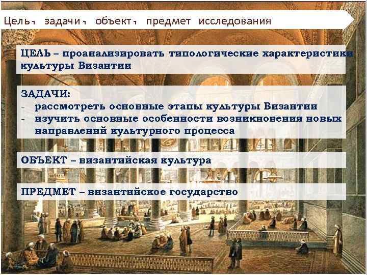 Цель, задачи, объект, предмет исследования ЦЕЛЬ – проанализировать типологические характеристики культуры Византии ЗАДАЧИ: -