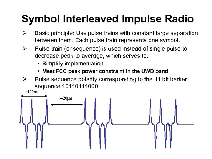 Symbol Interleaved Impulse Radio Ø Ø Basic principle: Use pulse trains with constant large