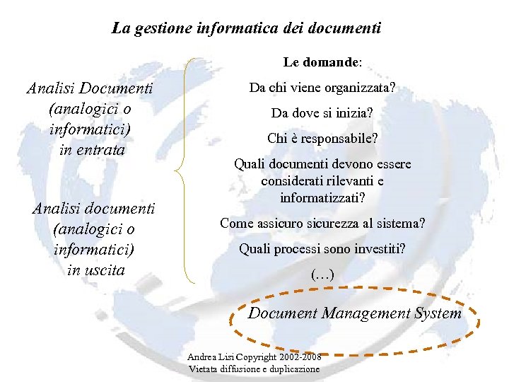 La gestione informatica dei documenti Le domande: Analisi Documenti (analogici o informatici) in entrata