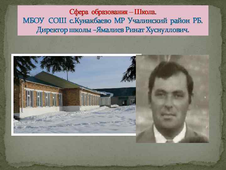 Сфера образования – Школа. МБОУ СОШ с. Кунакбаево МР Учалинский район РБ. Директор школы