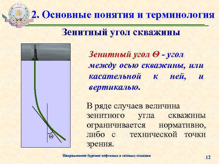 2. Основные понятия и терминология Зенитный угол скважины Зенитный угол Θ - угол между