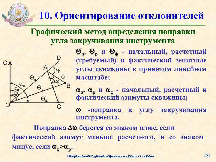 10. Ориентирование отклонителей Графический метод определения поправки угла закручивания инструмента н, р и ф