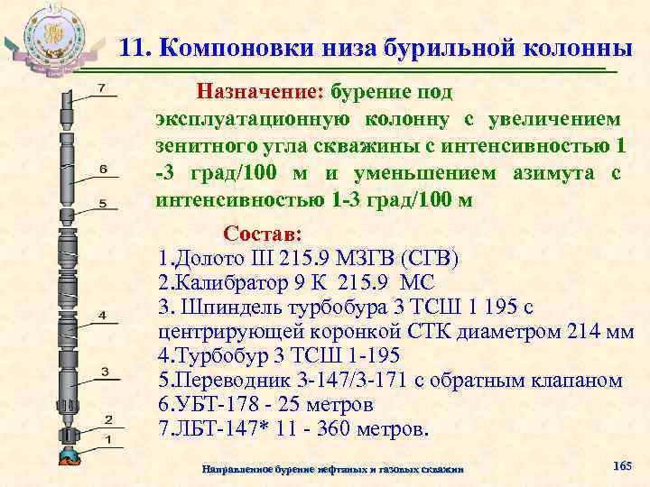 11. Компоновки низа бурильной колонны Назначение: бурение под эксплуатационную колонну с увеличением зенитного угла